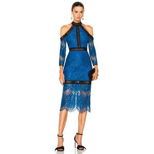 NWT Alexis Lace cold shoulder Mock-neck Marlowe Midi Dress Sz L Blue Runs Small